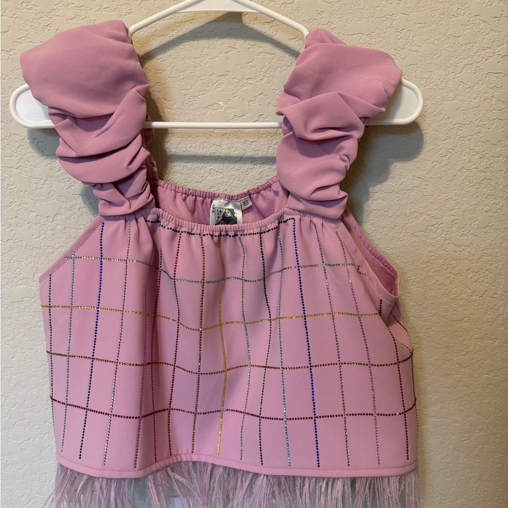 QUEEN OF SPARKLES Lilac Ruffle-Strap Crop Top with Metallic Grid